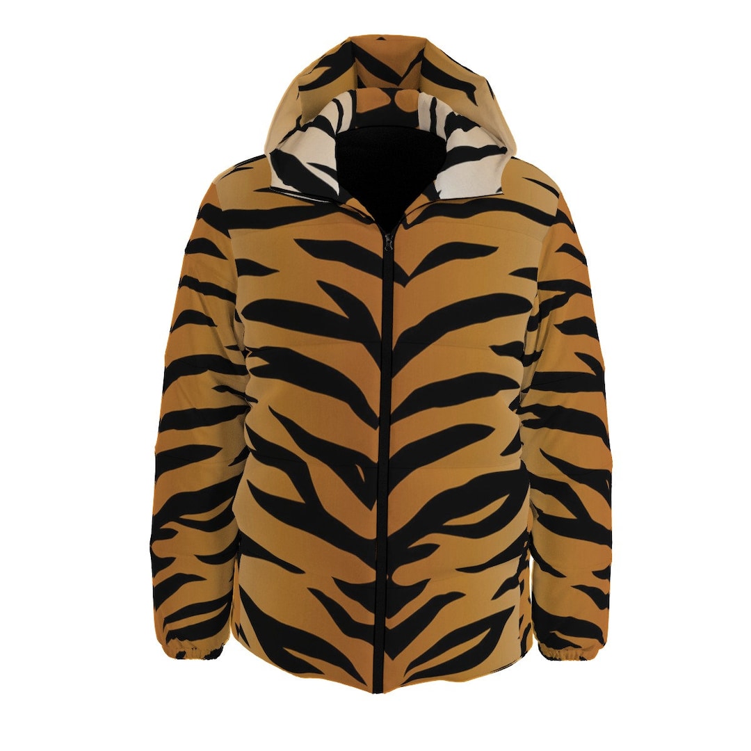 Plus Size Hooded Down Jacket, Tiger, Tiger Print, Animal Print, Tiger