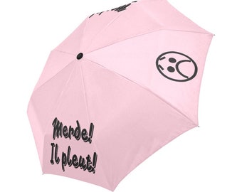 Automatic Foldable Umbrella Merde! Il pleut! cotton candy pink & black, gift, accessories, gift for him, gift for her, raining day