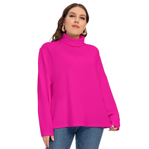 Plus Size Turtleneck Imitation Knitted Sweater, Hot Pink, Pink Sweater, Solid color Sweater, choose your color, custom Sweater, gift