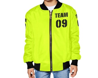 Custom Team Kids' Bomber Jacket con cremallera, uniforme deportivo, chaqueta de vuelo, chaqueta juvenil, diseño personalizado de su propia chaqueta, agregar equipo, nombre