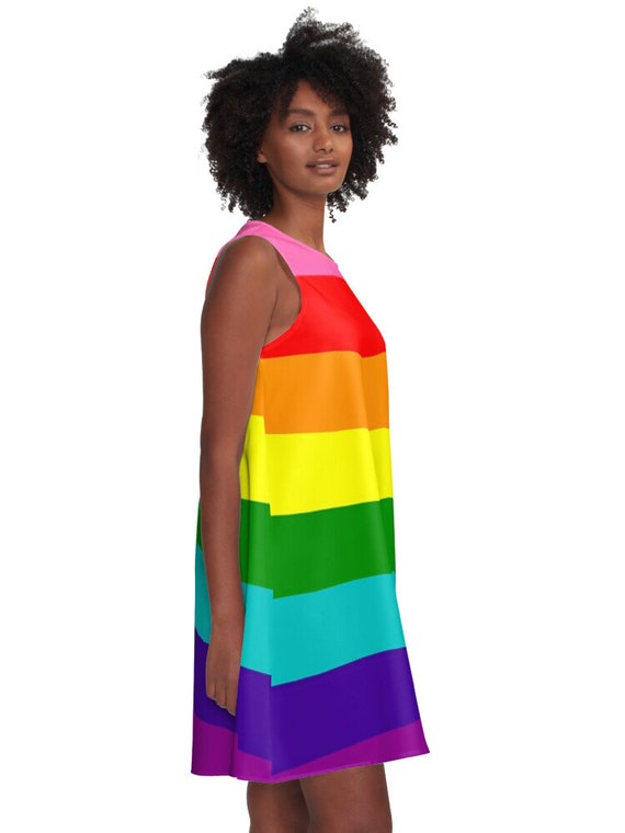 Flattering A-line Dress Love is Love, LGBTQ, Pride Flag, Rainbow Flag,  Gift, Summer Dress, Flowy Dress, Beach Dress, Stripes, Made in USA 