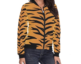 Women's Bomber Jacket with zipper, Tiger print, flight jacket, Animal print, soft lining, Gift for Animal Lovers, Gift for Cat Lovers