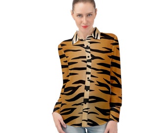 Long sleeve chiffon shirt Tiger print, Feline, Animal print, classic shirt, Gift for Animal Lovers, Gift for Cat Lovers, Halloween