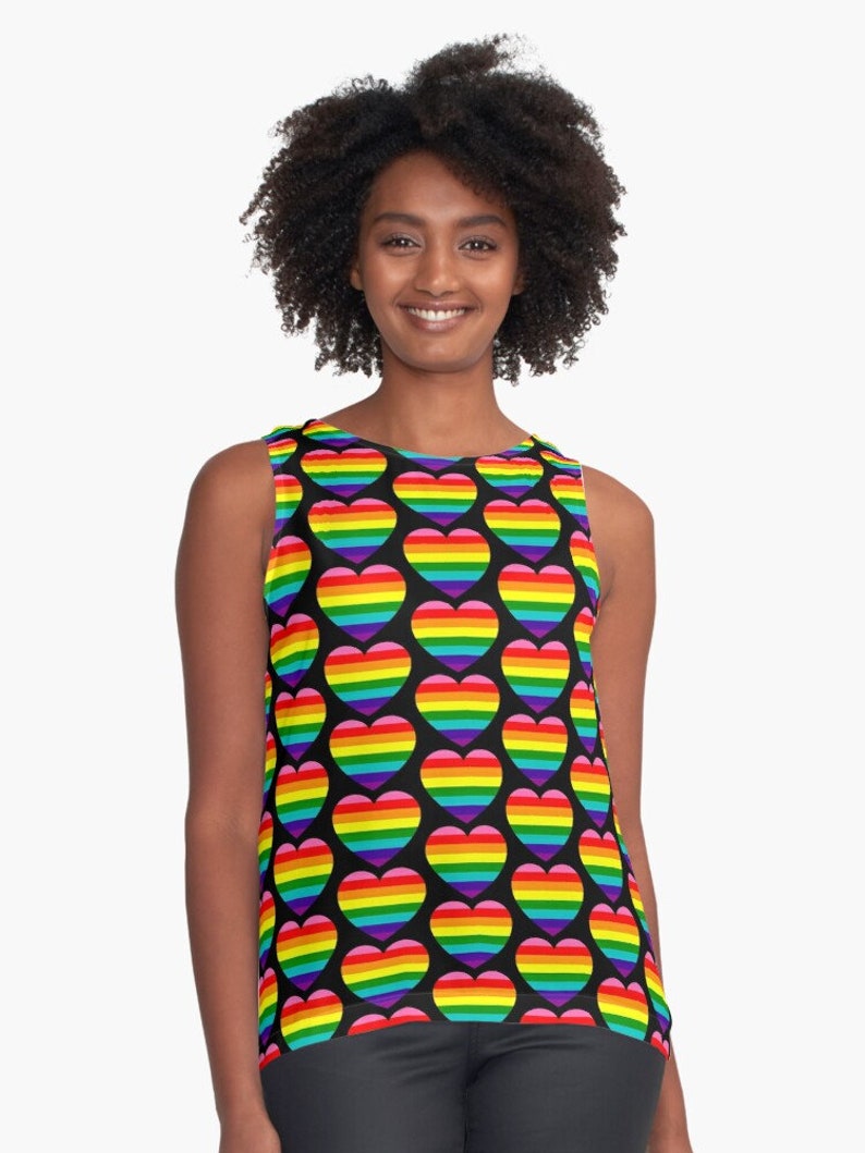 Flatering A-line Sleeveless Top Love is Love LGBT pride flag Rainbow pride flag Flowy blouse Loose fit 6 sizes XS to 2XL Black or White back