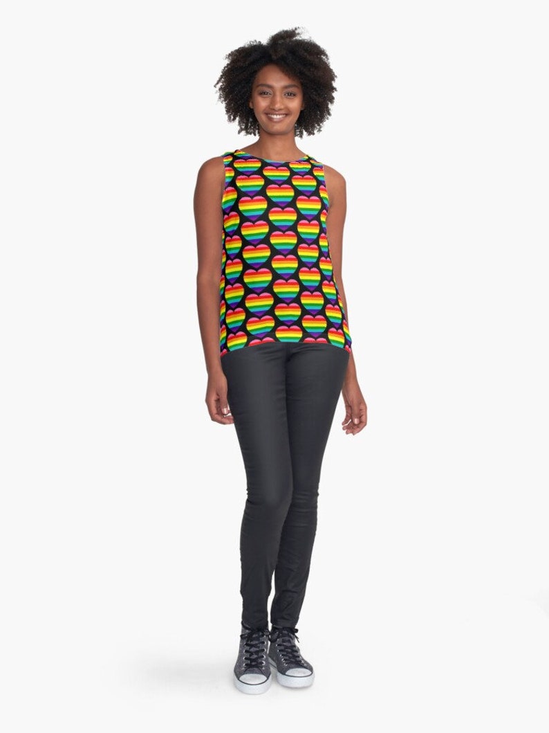 Flatering A-line Sleeveless Top Love is Love LGBT pride flag Rainbow pride flag Flowy blouse Loose fit 6 sizes XS to 2XL Black or White back