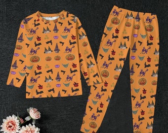 Pajama Set For Kids Halloween, Long Sleeve pajamas, PJs, sleepwear, Halloween party, Halloween Cats, Halloween Witch, Pumpkin, Bats