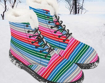 Women's Faux Fur Leather Boots Horror doll, Rainbow Stripes, Halloween, Good Guys, Winter boots, Combat boots, vegan leather boots, gift