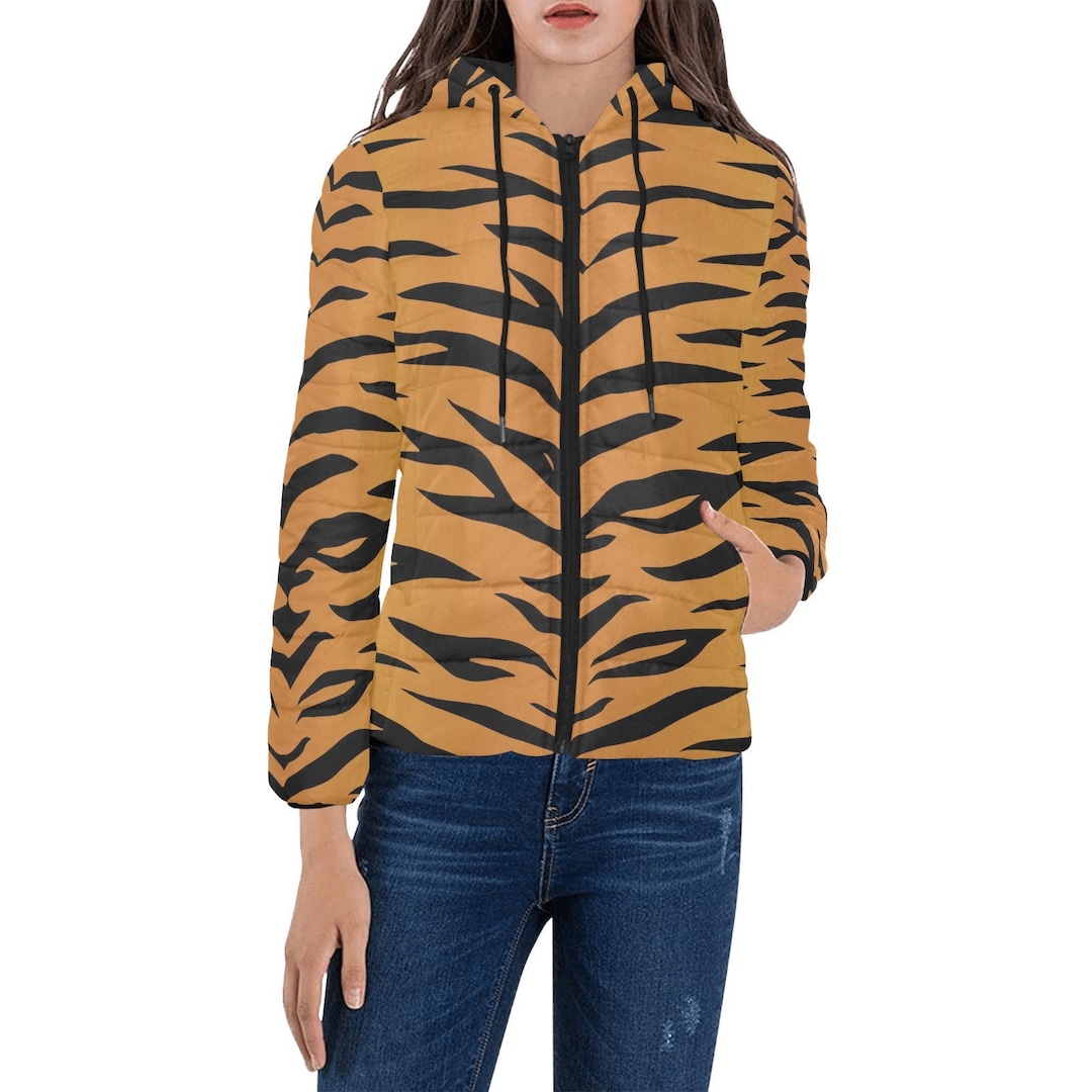 Padded Hooded Jacket for Women Tiger Print, Animal Print Puffer Jacket