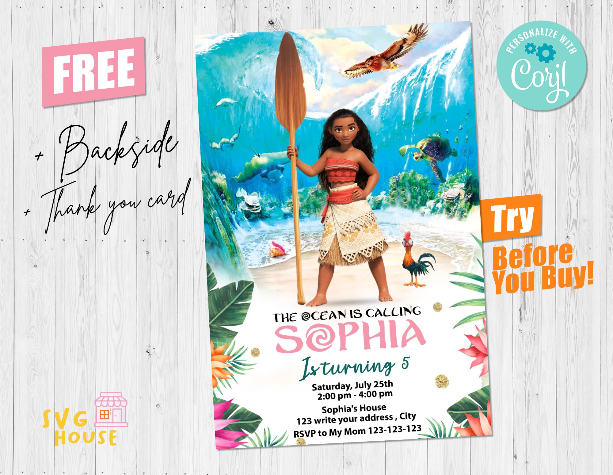 Moana Birthday Invitation Girl Thank You Card Instant - Etsy UK