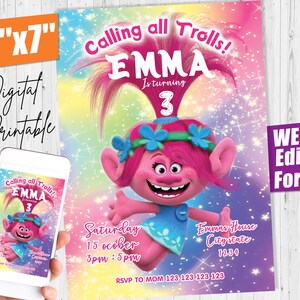 Trolls Birthday Girl Party Invitation Party Editable Template Digital ...