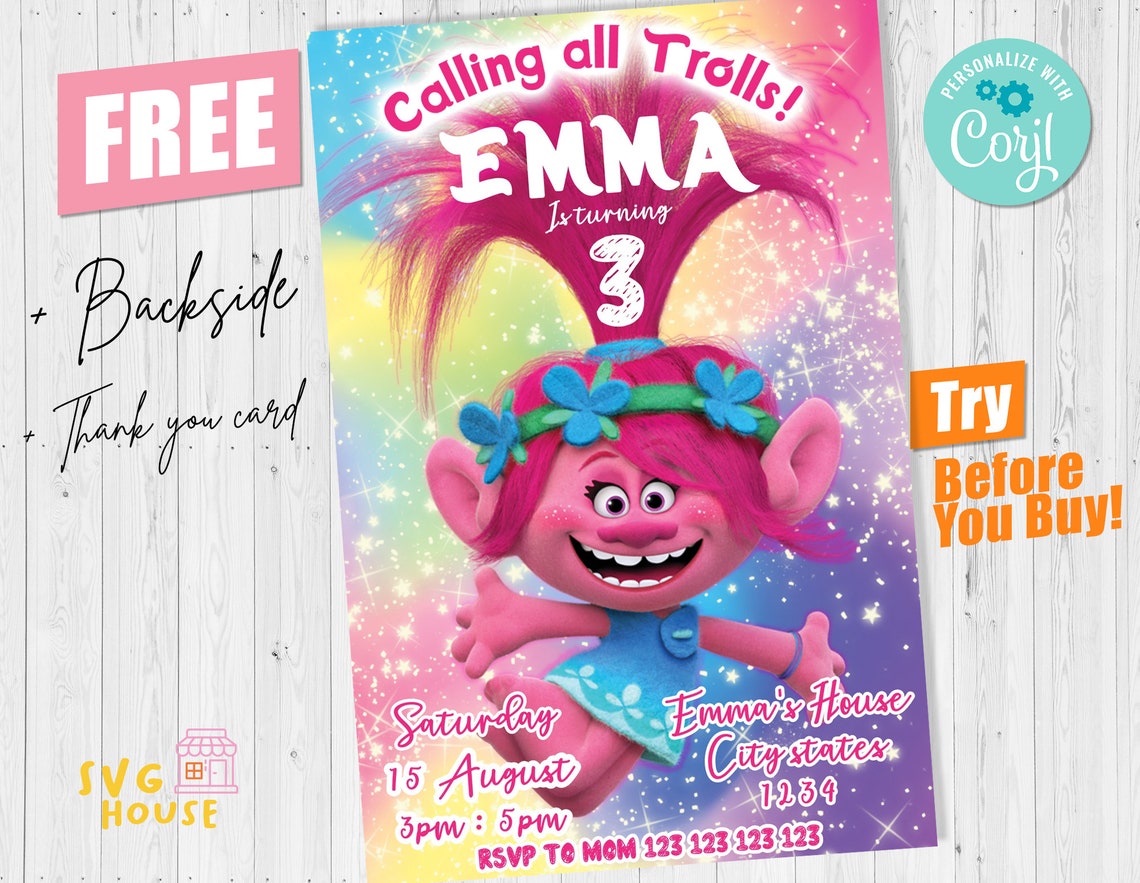Trolls Birthday Girl Party Invitation Party Editable Template Etsy