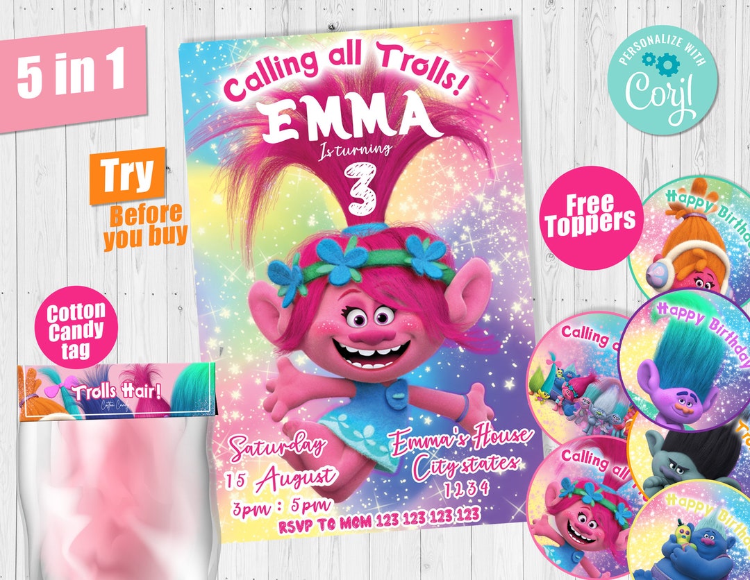 Trolls Birthday Girl Party Invitation Party Editable Template Cupcake ...