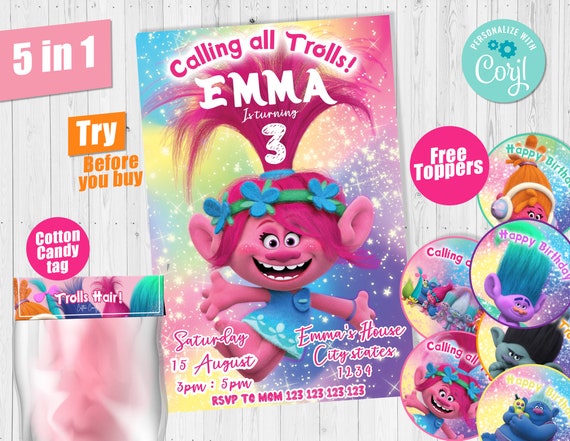 Trolls Birthday Girl Party Invitation Party Editable Template | Etsy