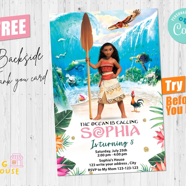 Moana Birthday Invitation Girl party + Thank You Card Instant Download Editable Template Digital or Printed corjl