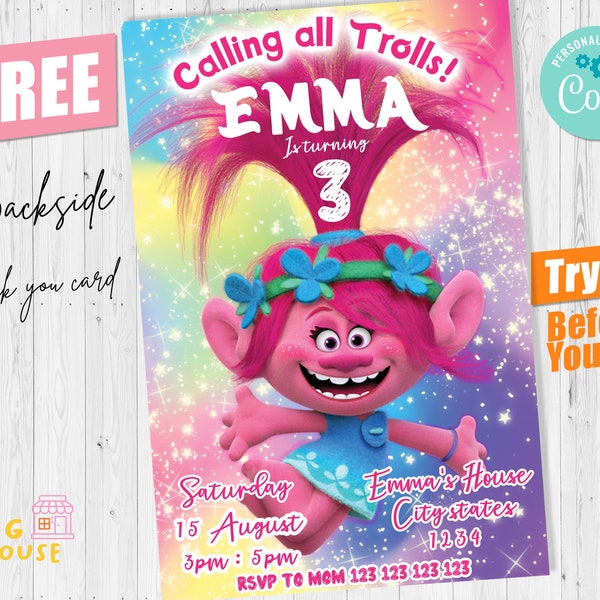 Trolls Birthday Girl Party Invitation Party Template Digital or Printed Editable Template Corjl