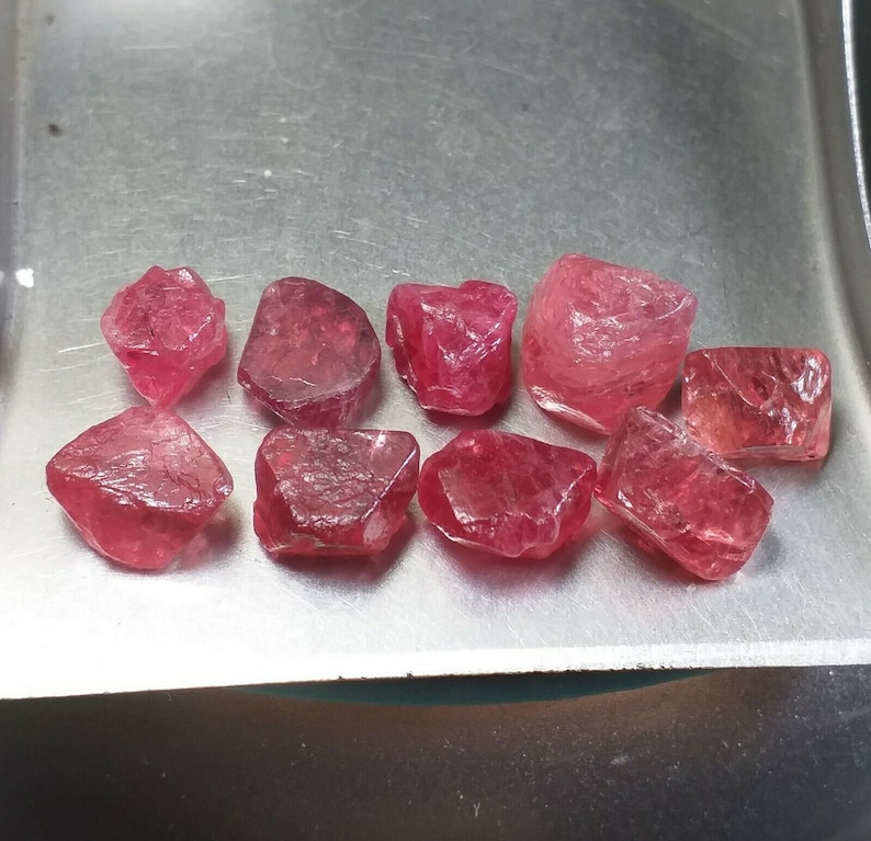 Lot of 9 Octahedral Red Pink Spinel Crystals from Vietnam Natural Gemstone Rough w Great Clarity