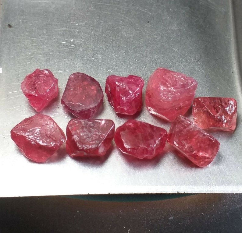 Lot of 9 Octahedral Red Pink Spinel Crystals from Vietnam Natural Gemstone Rough w Great Clarity