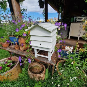 May include: A white wooden beehive with a sloped roof sits on a weathered metal bench, surrounded by potted plants and vibrant purple flowers. The hive has multiple tiers and a small entrance hole. The scene is set outdoors with a blue sky.