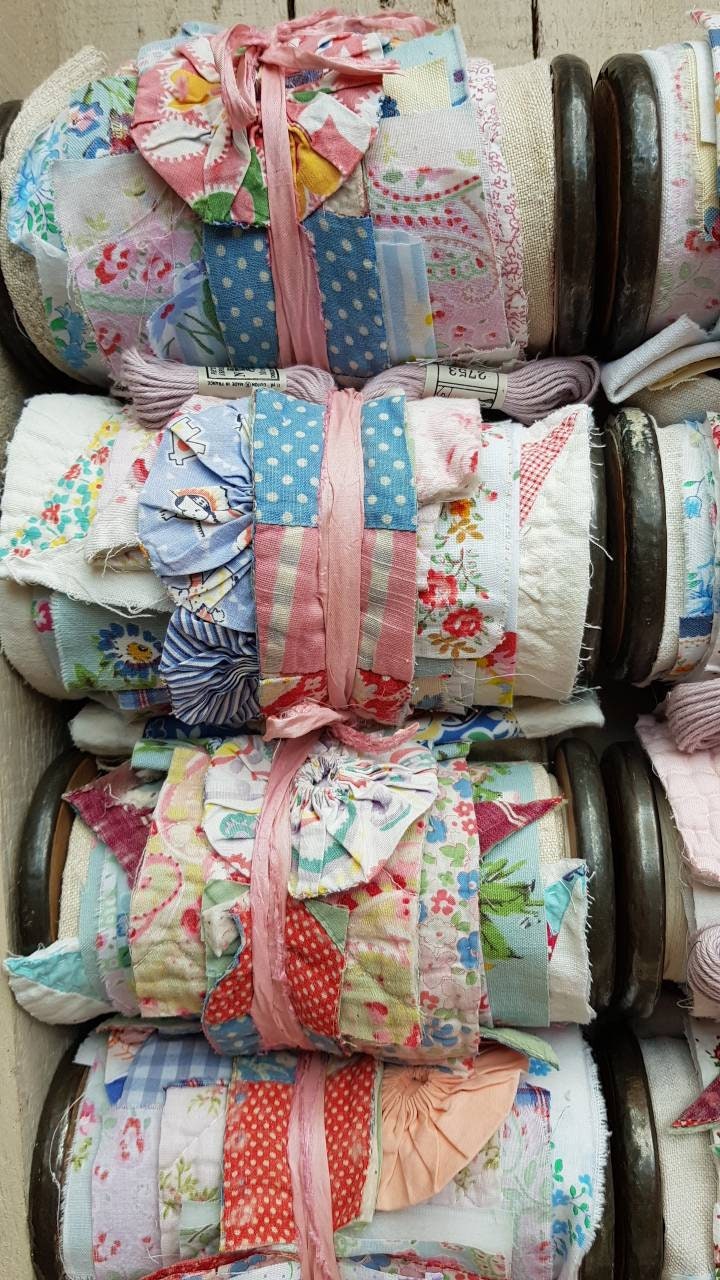 Vintage bobbin with French fabrics, quilt pieces and vintage puffs, s…