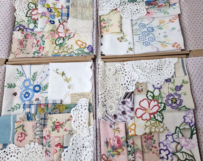 Vintage Florals Fabric Bundle, Vintage Fabric Bundle, Fabric , Embroidery Pieces and Doilies