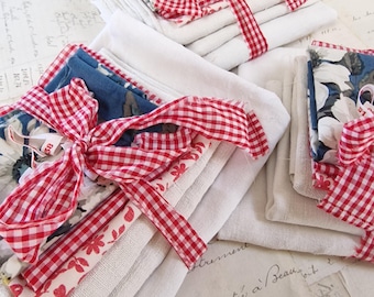 Vintage French fabric bundle,  Old French linens,  slow stitching bundle