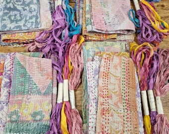 vintage kantha fabric bundle,  large size kantha and sari ribbon bundle, slow stitching bundle,  journaling fabric,  vintage kantha