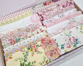 vintage florals slow stitching box,  pretty pink floral fabrics,  vintage fabric and quilt bundle,  journaling supplies