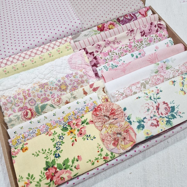 vintage florals slow stitching box,  pretty pink floral fabrics,  vintage fabric and quilt bundle,  journaling supplies