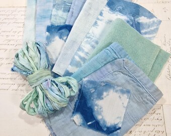 Hand Dyed Vintage Fabric Bundle, Slow Stitching Kit, Wool, Ribbon