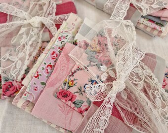 pretty vintage fabric bundle,  French and English floral fabrics,  slow stitching bundle,  old French fabrics and lace bundle