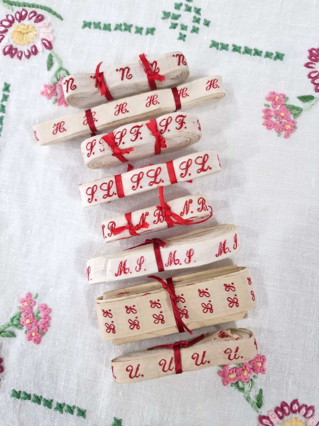Vintage French Laundry Labels, Vintage Fabric Labels, Initials Labels