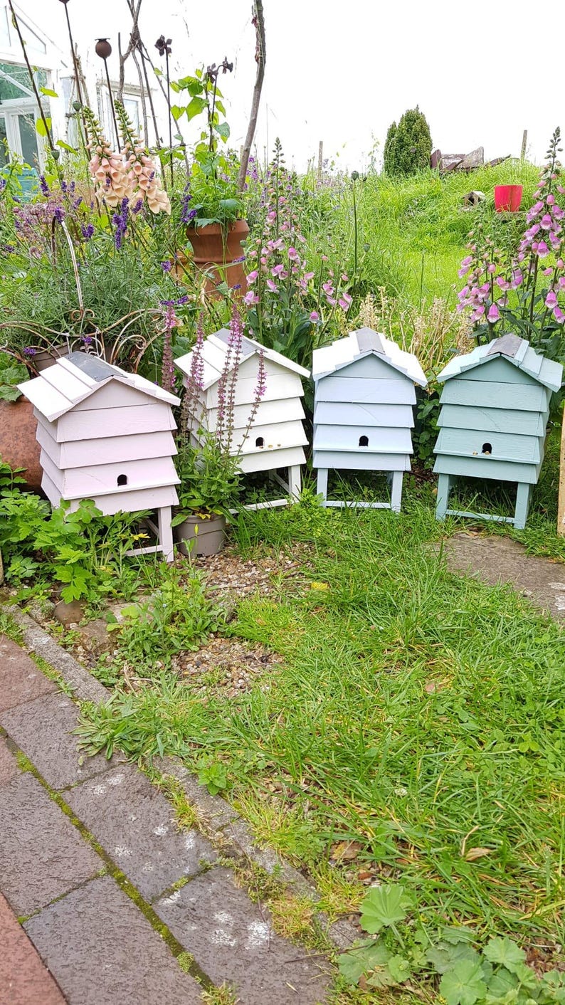 May include: Four small, decorative wooden beehives painted in pastel colors: pink, white, light blue, and seafoam green. Each hive has a slanted roof and a small oval entrance. They are set in a garden with flowers and greenery.