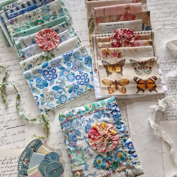 make your own needle book,  floral fabrics,  blanket and quilt pieces,  slow stitching project,  needle book kit