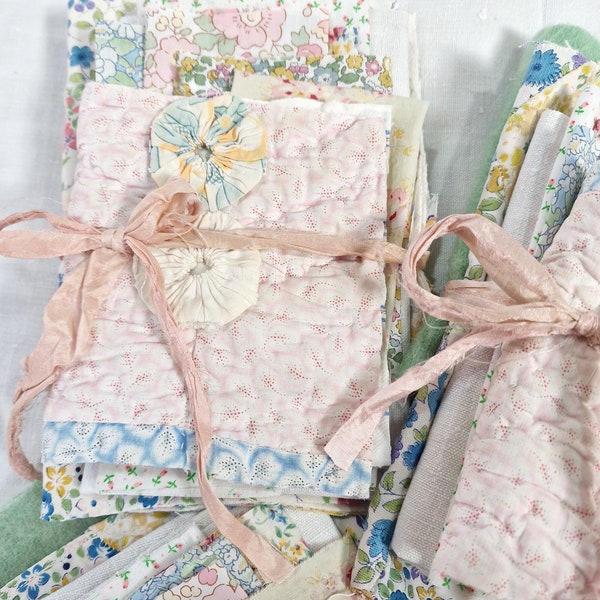 vintage fabric bundle,  vintage quilt pieces and floral fabrics,  journaling supplies,  slow stitching bundle,