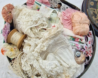 Vintage Tin Assortment: Lace, French Fabrics, Quilt Pieces, Stitching Supplies