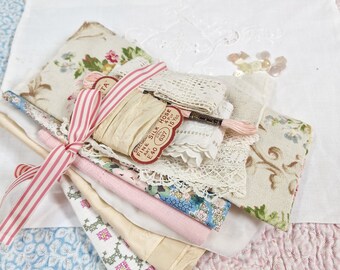 Old vintage bag with slow stitching bundle,  vintage fabrics,  lace,  thread,  ribbon,  vintage fabric bundle