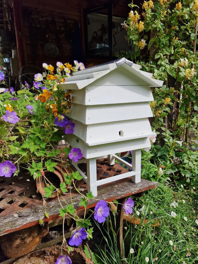 May include: A white wooden beehive with a tiered design, set on a small stand. The beehive is surrounded by vibrant purple and yellow flowers and lush green foliage, creating a natural garden setting.