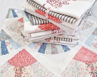 vintage French/English fabric bundle,  French linens,  ticking and quilt bundle,  slow stitching bundle,  journaling supplies