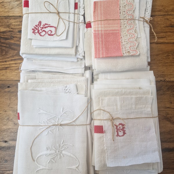 Lovely big bundles of vintage French linens,  vintage French fabrics bundle,  slow stitching bundle,  mixed linens bundle