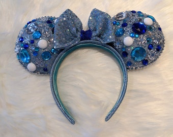 Winter Wonderland Rhinestone Ears, Handmade Mouse Ears, Cosplay Ears, Blue Mouse Ears, Mouse Ear Headband, Blue Rhinestone Mouse Ears