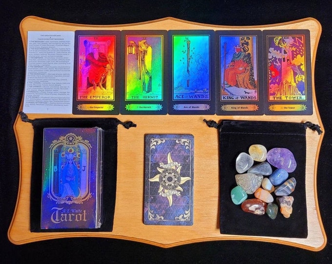 A.E. Rider-Waite Holographic Tarot Deck Gift Set, Includes 4oz Crystal Discovery Set 12-16 Stones, Black Velvet Bags, 78 Cards, Beginner Set