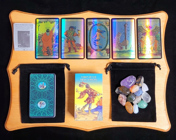 Holographic Vision Tarot Deck & Instruction Booklet 78 Cards, Velvet Bag, Quartz Crystal, Gift Set, based on Rider-Waite, Beginner