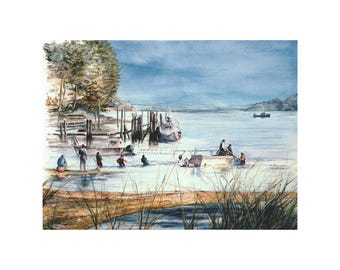 Hood Canal Painting Watercolor Fishing Scene Hoodsport