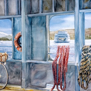 Ferry Boat Painting Watercolor San Juan Islands Mount Baker View