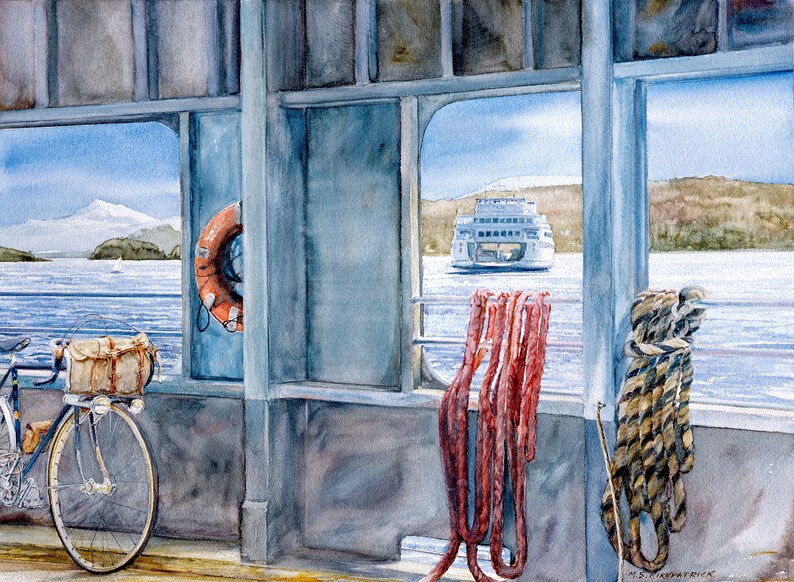 May include: A watercolor painting of a ferry boat docked at a pier. A bicycle with a brown bag is on the left side of the image. A life preserver is hanging on the wall. The ferry boat is in the distance, with a mountain in the background.
