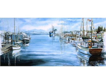 Wooden Boats Painting Watercolor Budd Inlet Olympia