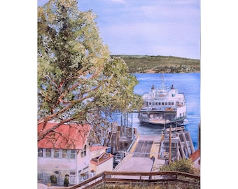 Ferry Boat, San Juan Islands, Orcas Island, Marine Painting, Puget Sound, Shaw Island, Orcas Village Store, Waterfront scene, Madonna trees