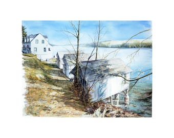 Old Beach Cabins Painting Watercolor Hood Canal Shoreline Art