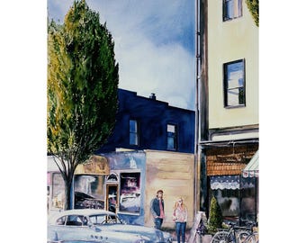 City Painting Watercolor Downtown Olympia