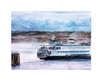 Ferry Boat Painting Watercolor Edmonds Kingston Ferry Olympic Mountains Puget Sound Art